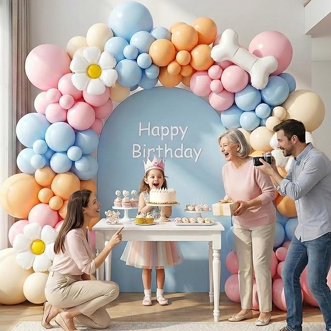 107Pcs Pastel Puppy Birthday Decorations for Girls, Macaron Pink Purple Blue Balloon Garland Arch Kit with Daisy Flower and Dog Bone Foil Balloons for Kids Pets Theme Party, Baby Shower Supplies