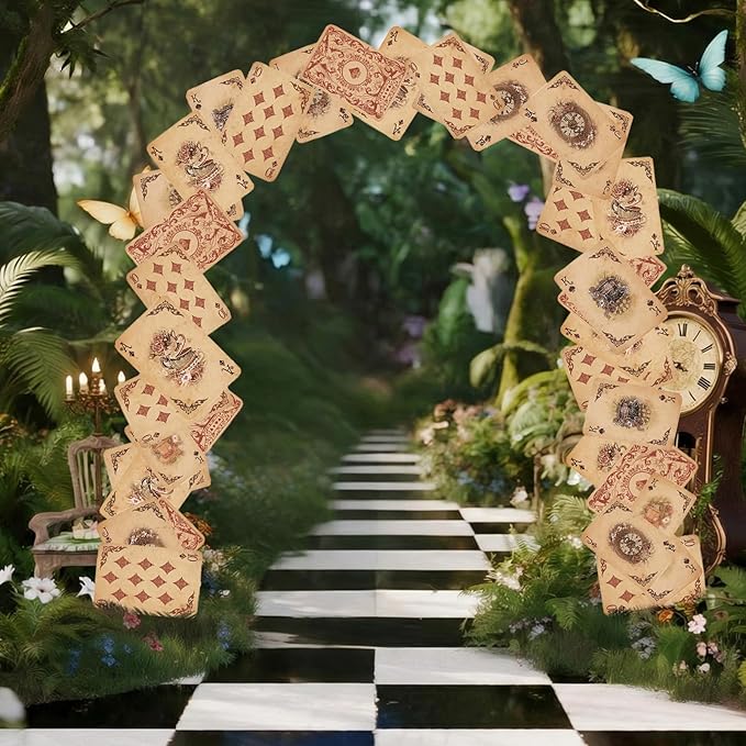 Preboun Wonderland Tea Party Decoration 6.56 x 4.9 ft Vintage Poker Cards Door Banner Wonderland Garland Photo Props Background for Birthday Baby Shower Tea Party Supplies