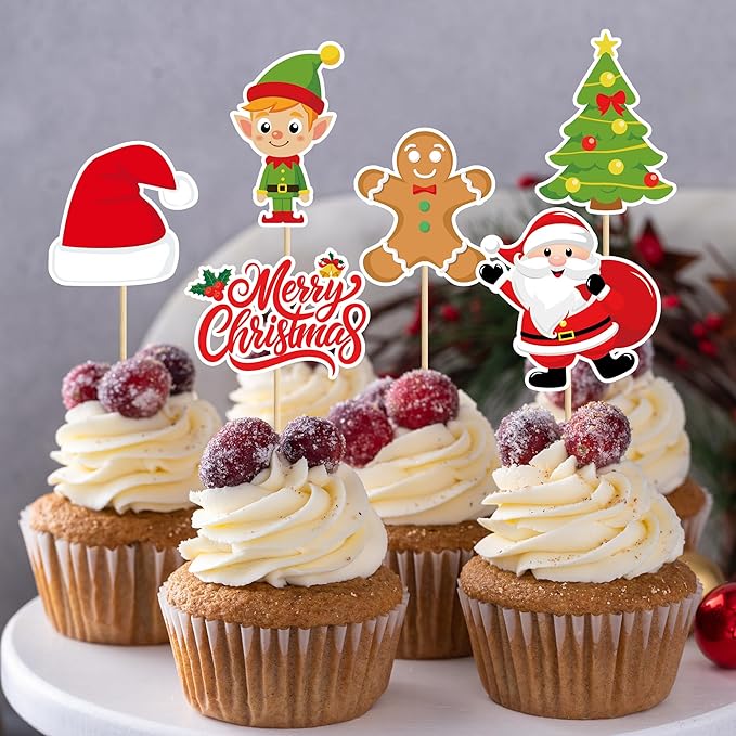 24 Pcs Christmas Cupcake Toppers, Xmas Cake Decorations Toothpicks with Santa Claus Snowman Bells Gingerbread Designs, Christmas Cake Topper Picks for New Year Holiday Party Decorations Supplies