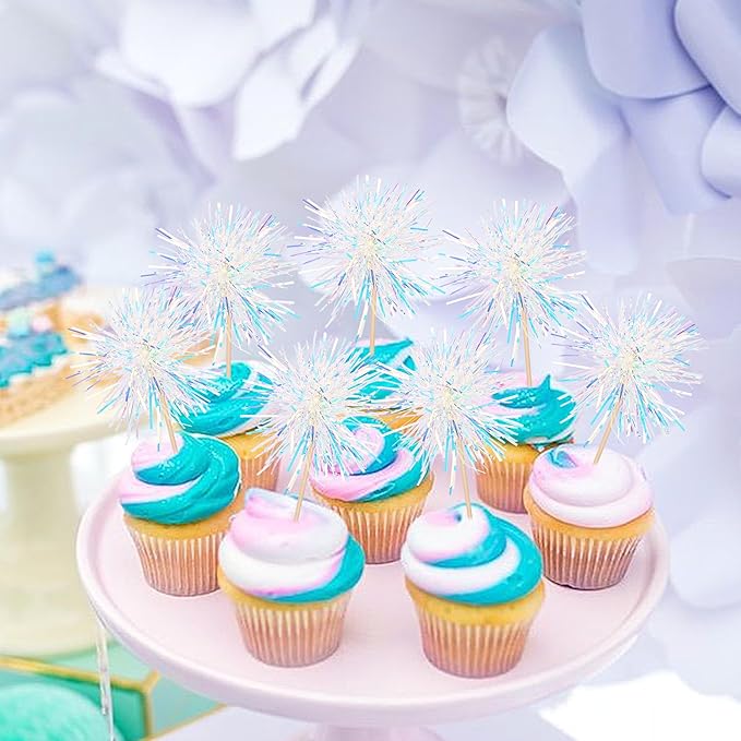 30 PCS Foil Firework Cupcake Toppers Happy Birthday Cupcake Toppers Sparkle Tinsel Flower Drink Stirrers Cocktail Fruit Toothpicks for Valentine's Day Baby Shower Party Cake Decor Supplies White