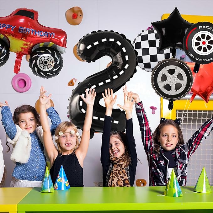 Monster Truck Balloons Party Decorations - 11 Pcs Black Birthday Number 2 Foil Tire Balloons Decor For Boys Girls 2nd Birthday Race Car Themed Party Supplies