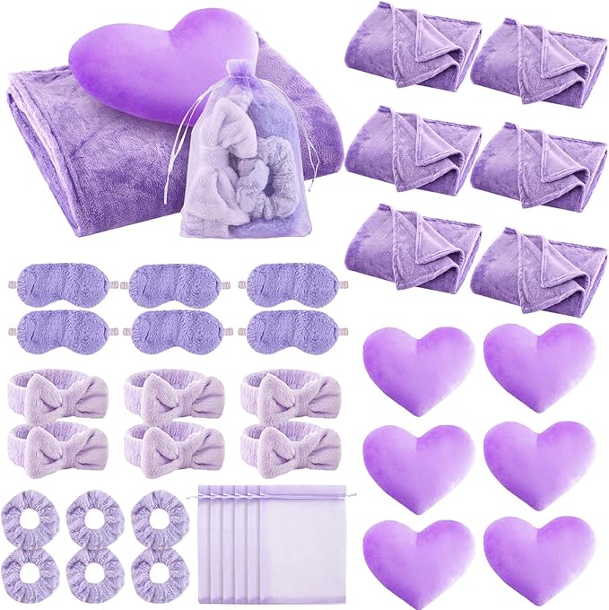 36 Pcs Sleepover Party Supplies for Girl Spa Slumber Birthday Favors Throw Blanket Pillow Eye Mask Headband Scrunchies (Solid Color,Purple)
