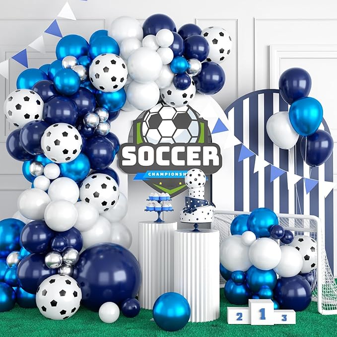 Soccer Balloon Arch Kit,Royal Blue Silver White Metallic Silver Football Balloons for Boy Soccer Birthday Party Decorations Baby Shower Wedding Anniversary Graduation Sport Themed Party Supplies
