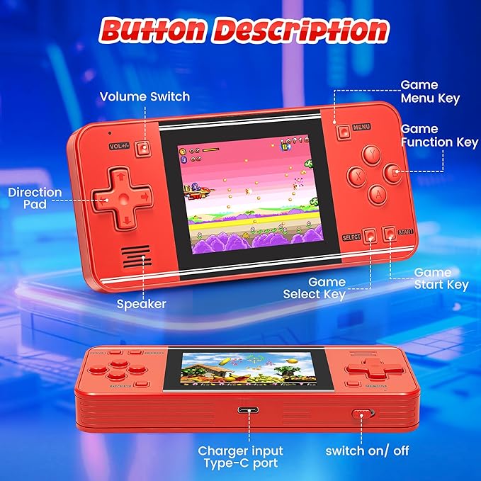 32-Bit Handheld Game Console for Kids & Adults with 135 Preloaded Retro Video Games, 3.0" Color Display, Rechargeable Battery - Portable Mini Travel Toy Gift for Boys and Girls (Red)