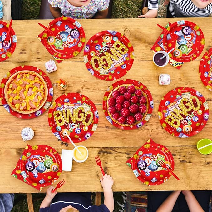 96Pcs Bingo Party Supplies Bingo Night Game Plates and Napkins Disposable Tableware Sets Bin-go Theme Birthday Party Decoration Favors for Kids Adult Casino Family Game Night Decoration Serves 24