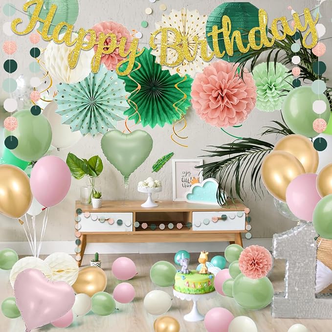 Sage Green Pink Birthday Decorations - 62pcs Happy Birthday Banner, Olive Retro Beige Paper Lanterns Pom Poms, Green Pink Balloons , Neutral Streamers Garland, Birthday Decorations for Women Girl Boys
