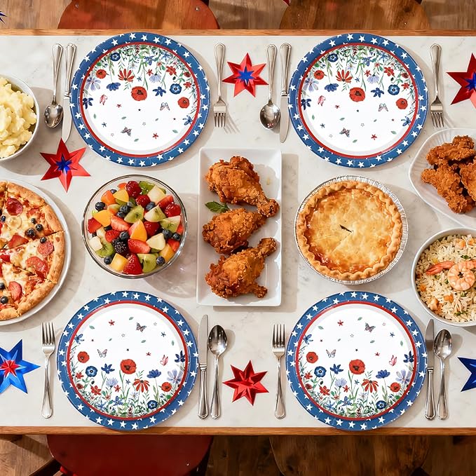50Pcs Patriotic Paper Plates 10'' Large Heavy Duty Patriotic Veterans Day Platters Red White Blue Star Plates American Flag Theme Decor for USA 4th of July Memorial Day Birthday Party Decorations