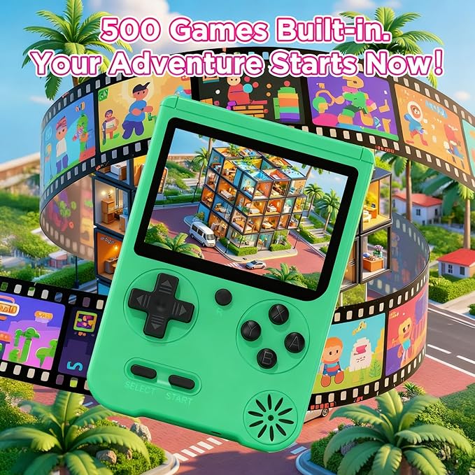 Handheld Games Console, Built-in 500 Video Games, Portable Video Gaming Player with 3.0 Inch lPS Screen，Rechargeable Retro Electronic Gaming System, Pocket Mini Arcade