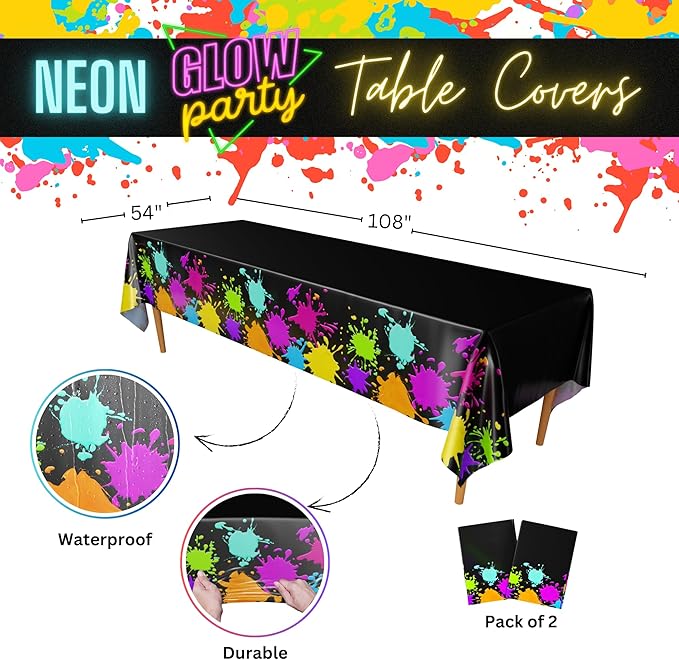 Blue Orchards Glow Party Table Covers (Pack of 2) - 54"x108" XL - Glow Birthday Party Supplies, Art Party Decorations, Glow in The Dark Decorations, Neon Table Cloths, Glow in The Dark Tableware