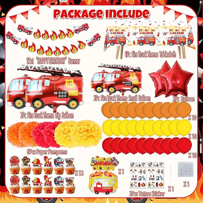Fire Truck Birthday Party Decorations Kit – Firefighter Party Supplies with Happy Birthday Banner, Fire Truck Foil & LatexBalloons, Table Cover, Cake Toppers & Tattoo Stickers Perfect for kids Party
