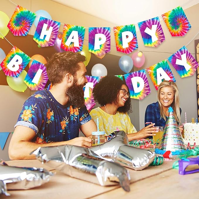 Tenare 15 Pieces Tie Dye Party Happy Birthday Banner Pennant Banner and 60's Hippie Theme Foil Swirl Decor for Tie Dye Party Art Classic 60s 70s Theme Hippie Carnival Shower Birthday