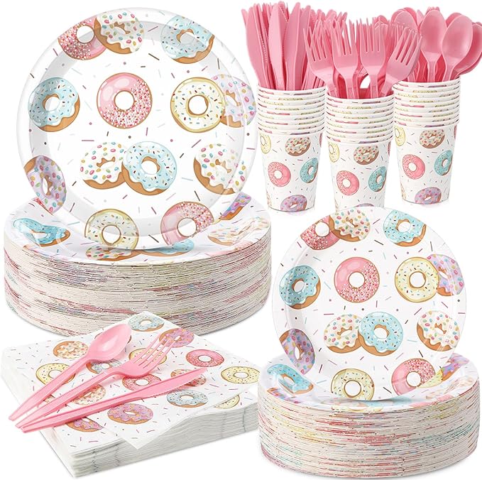 350 Pcs Donut Grow up Party Supplies Tableware Set Disposable 9'' 7'' Paper Plates 9 oz Cups Cutlery Napkins Dinnerware Set for 1st Birthday, Serve 50 (Donut Grow Up, Macron Color)