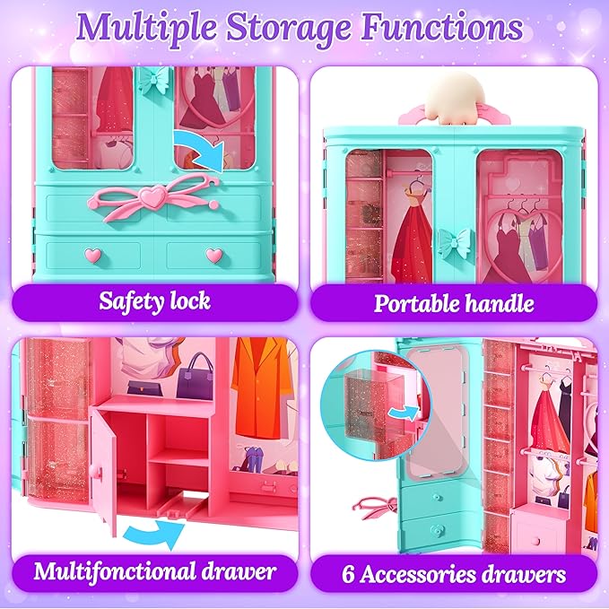 70 Pcs Doll Closet with Clothes & Accessories Including 2 Wedding Gowns 6 Fashion Dresses 2 Casual Outfits 2 Swimsuit 10 Shoes 20 Hangers 27 Accessories,Dress up Toys for Girls Kids Gifts