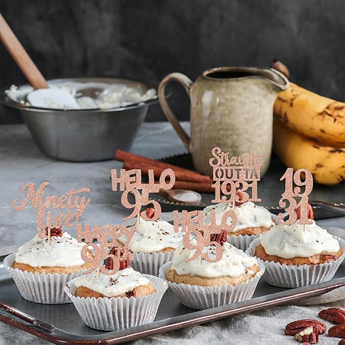 30PCS 95th Birthday Cupcake Toppers Glitter Nighty Five Happy 95 Straight Outta 1931 Cupcake Picks for Cheers to 95 Fabulous 95th Birthday Anniversary Party Cake Decorations Supplies Rose Gold
