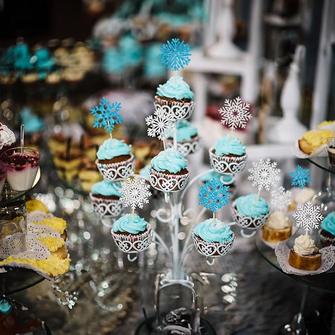 36Pcs Snowflake Cupcake Toppers Glitter Winter Frozen Theme Snowflake Cupcake Pick Decorations for Baby Shower Kids Birthday Christmas Party Decorations Supplies Blue Silver