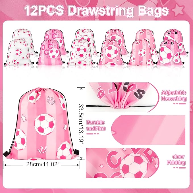 36 Pcs Pink Soccer Party Favors, Soccer Team Gifts for Girls Set Includes 12 Drawstring Goodie Bags, 12 Motivational Bracelets, 12 Keychains, Sports Birthday Party Supplies Decorations for Women
