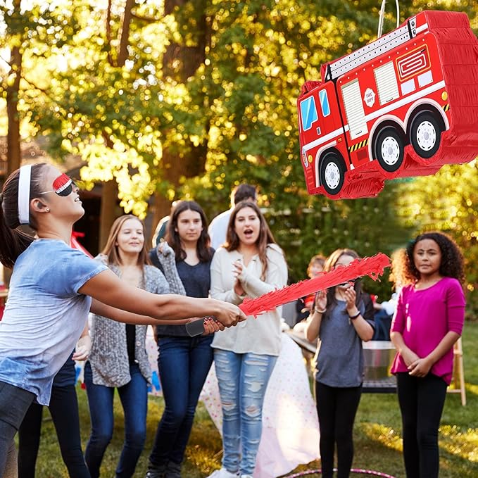 Fire Truck Piñata with Hanging Loop Blindfold Bat and Confetti Filler for Kids Boys Firefighter Firetruck Theme Birthday Party Decorations Supplies, 16.14 x 8.9 x 3.15 Inches