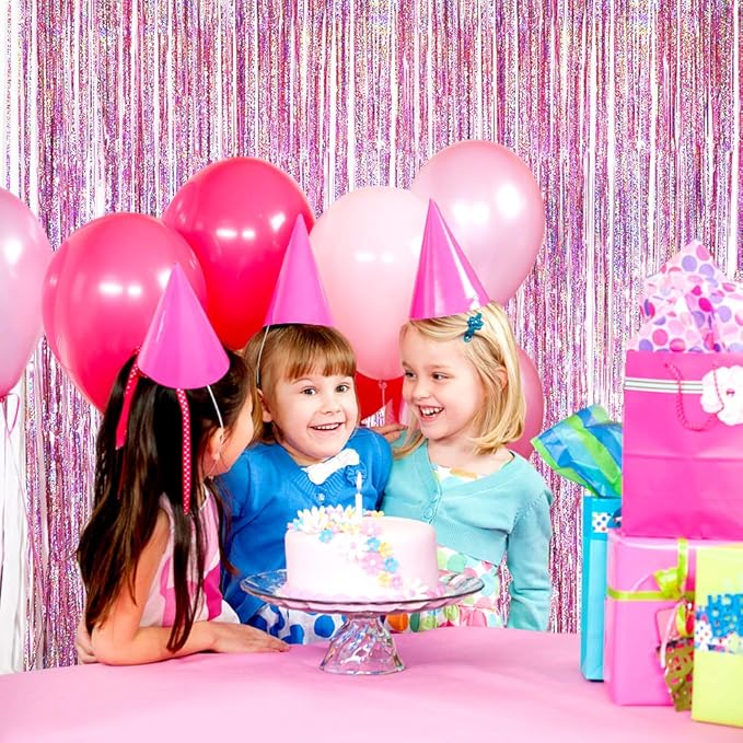 Pink Tinsel Foil Curtain Unicorn Party Supplies Fun Photo Booth Backdrop Props for Baby Shower Wedding Girls Birthday Iridescent Party Decorations(2 Packs, 3.2 * 6.5 Ft)