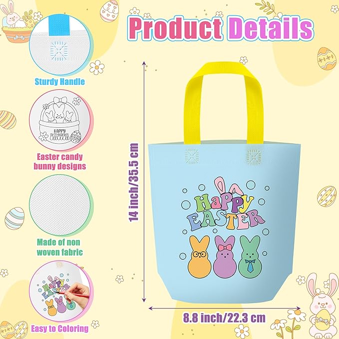 Easter Coloring Goodie Bags for Kids - 24Pcs Bunny Bulk Color Your Own Gift Bags with Handle Colorful Rabbit Reusable Non Woven Coloring Tote Packet for Spring Easter Holiday Party DIY Painting Favors