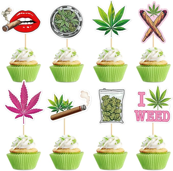 Ercadio 32 PCS Dope Happy Birthday Have a Dope Birthday Cupcake Toppers Pot Leaf Weed Leaves Cupcake Picks Green Marijuana Dope 420 Themed Party Supplies