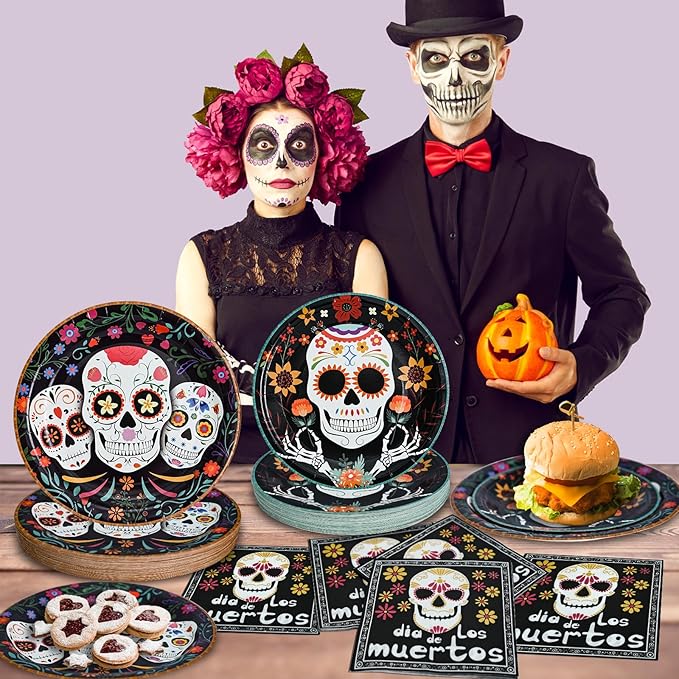 180Pcs Day of the Dead Party Plates and Napkins Set,Sugar Skull Tableware Decors Mexican Fiesta Theme Party Decorations for Day of The Dead Halloween Birthday Party Supplies,Serve 60 Guests