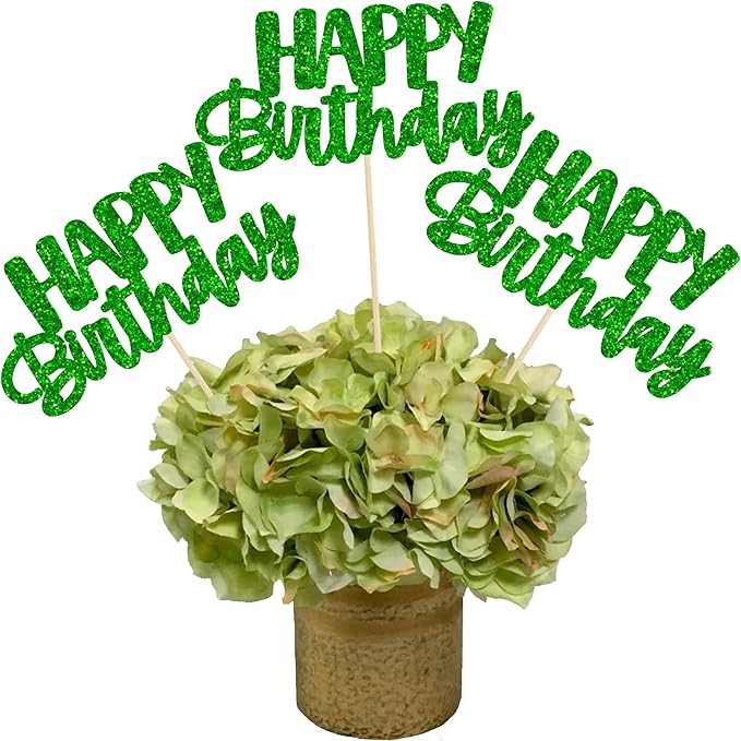 Gyufise 12Pcs Happy Birthday Centerpieces Sticks Double Sided Glitter Birthday Party Decorations Anniversary Table Flower Centerpiece for Celebrating Party Supplies Green