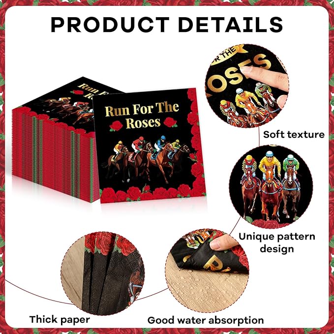 100Pcs Derby Party Supplies Run for the Roses Oval Paper Plates Napkins Derby Day Dinner Plates Horse Racing Disposable Tableware Set for Kentucky Horse Theme Birthday Party Decorations Serves 50