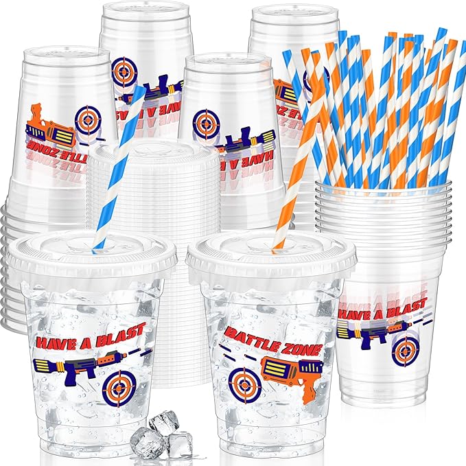 Domensi 50 Pcs Dart Party Plastic Cups 12 oz Disposable Dart Game Plastic Cups with Straws and Lids Gun Clear Mug Supplies Birthday Table Decorations Party Favor
