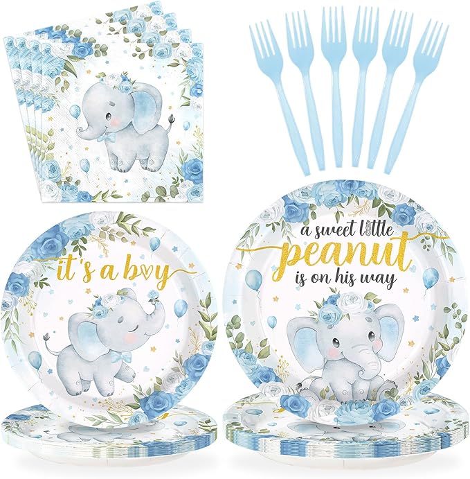 96Pcs Elephant Baby Shower Party Decorations Blue Elephant Plates and Napkins Tableware Set Baby Blue Floral Cute Themed Decorations Favors for Boy Girl Gender Reveal Birthday Party Supplies Serves 24