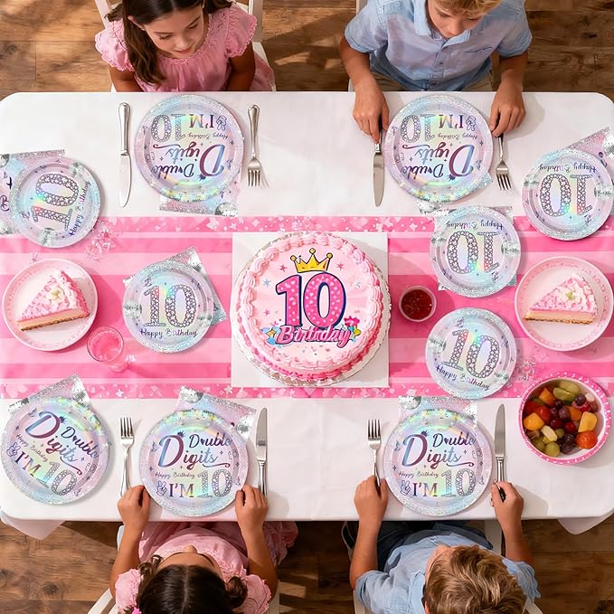 96Pcs 10th Birthday Party Decorations for Girls Double Digits Plates and Napkins Iridescence Silver Pink 10th Tableware for Girls Double Digits Tenth Birthday Party Decorations Serve 24