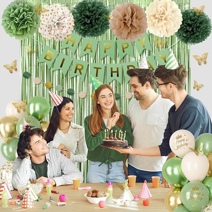 Sage Green Birthday Decorations, Olive Green Gold Metallic Printed Balloons Butterfly Stickers Fringe Curtain Happy Birthday Banner Circle Dots Paper Pompoms for Women Girls Boys Party Decor Supplies