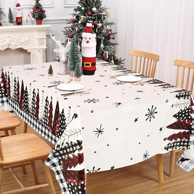 3PCS Christmas Tablecloth, Black Buffalo Plaid Plastic Tablecloths for Rectangular Tables, Winter Christmas Tree and Snowflake Disposable Table Cover for Party Picnic Dinner Decor, 51.2x 86.6inch