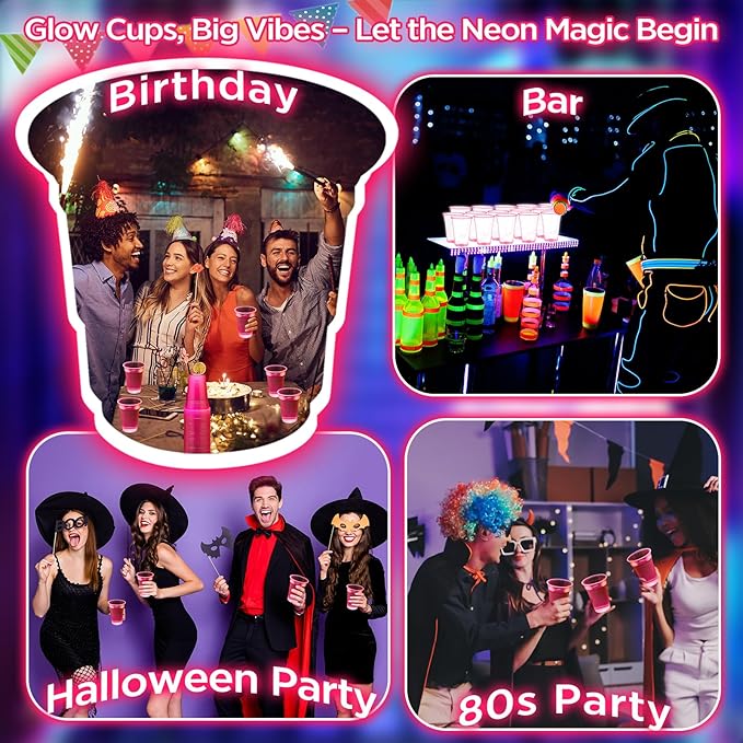 LemonRoad 50 Pack Blacklight Party Glow Cups 16 oz Plastic Neon Cups Disposable Glow in the Dark for Parties Birthdays 80s Themed Events(Pink)