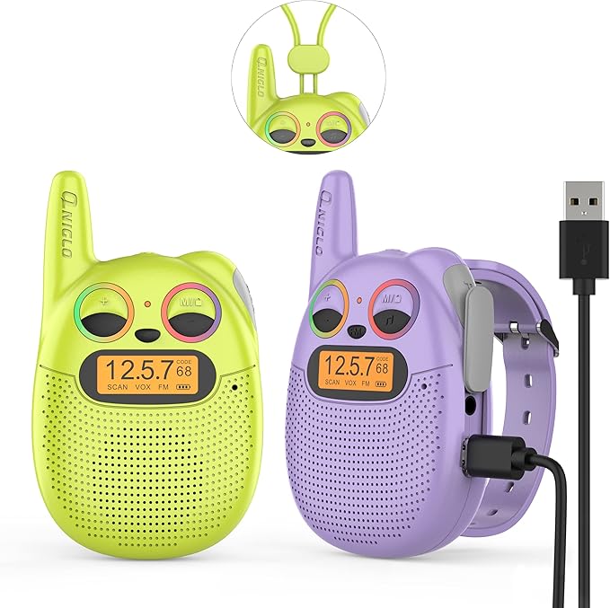 Qniglo Walkie Talkies for Kids Rechargeable 2 Pack,Christmas Birthday Gifts Toys for Age 3-12 Boys Girls, Long Range Kids Walky Talky with FM Radios for Family Kid Adventure Camping Hiking Spy Games