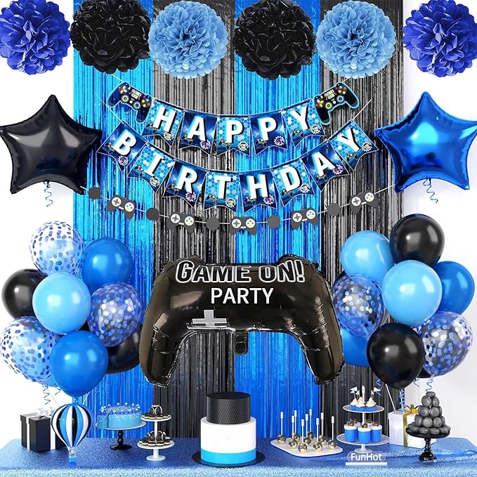 Video Game Birthday Decorations,Gaming Party Supplies,Include Blue Black Party Foil Balloons Happy Birthday Banner Fringe Curtain Tissue Paper Pompoms Garland