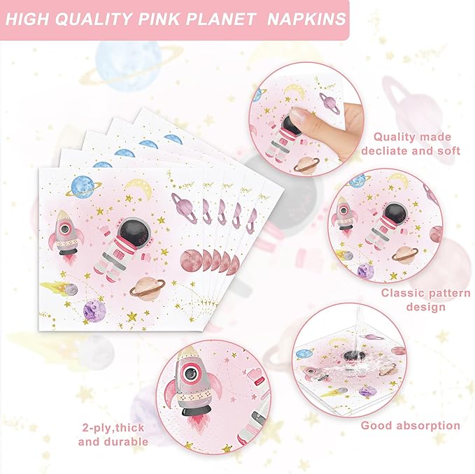 120PCS Space Party Supplies for Girls Baby Shower 1st 2nd Birthday Party Decorations Pink Moon Star Outer Space Planet Theme Plates Napkin Cups Forks Knives Tableware Set for 20 Guests