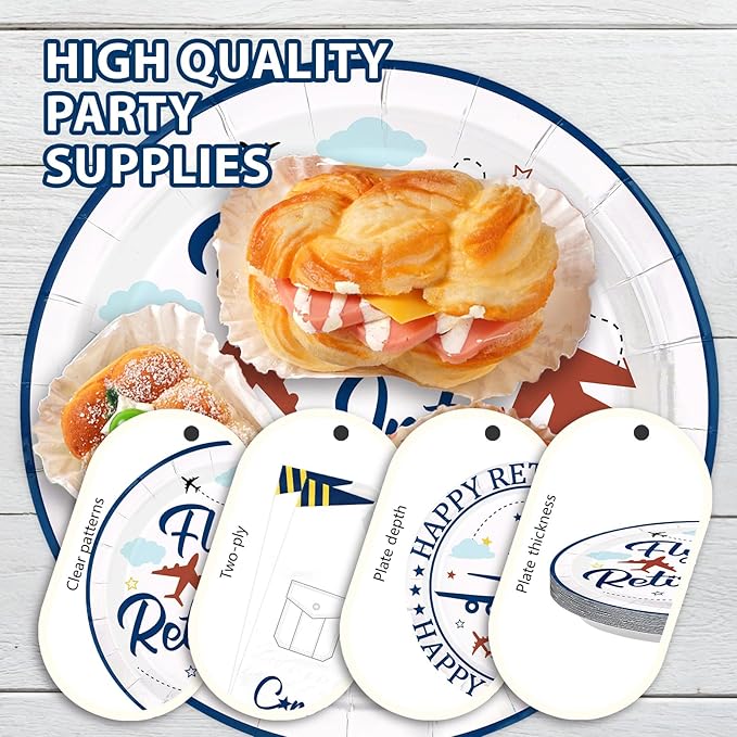 96Pcs Flying into Retirement Party Decorations Pilot Happy Retirement Plates and Napkins Sets Blue Airplane Retired Pilot Decoration for Men Airplane Congratulations Retired Party Supplies Serves 24