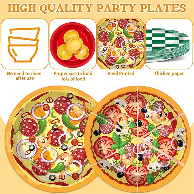 60PCS Pizza Theme Birthday Party Plates Red Green White Pizzas Checkered Disposable Paper Dessert Plates for Italian Pizza Birthday Decorations Party Tableware Set for Kids BBQ Picnic Supplies