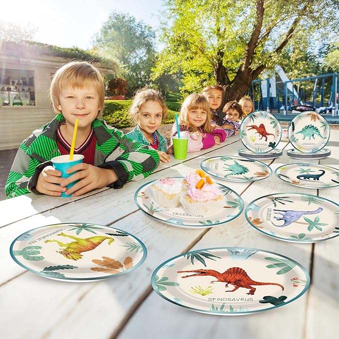 60 PCS Dinosaur Theme Birthday Party Paper Plates Dinosaur Birthday Decorations 7 Inch Dino Design Paper Dessert Plates Colorful Watercolor Dino Plate for Kids Summer Party Baby Shower Supplies