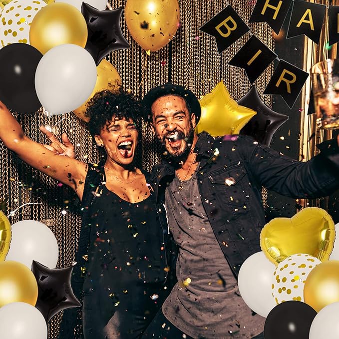 Amandir Black Gold Birthday Decorations for Men Women Black Gold White Confetti New Year Balloons Happy Birthday Banner Pom Poms Metallic Fringe Curtains 18th 30th 40th 50th 60th Party Supplies