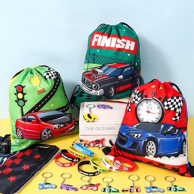 Winrayk 12 Sets Race Car Party Favors Birthday Supplies Racing Drawstring Bags Luminous Tattoo Stickers Boys Kids Racing Gifts Toys Goodie Bag Stuffers Filler Race Car Themed Birthday Party Supplies