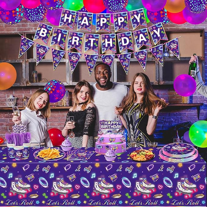 199 Pack Roller Skating Party Supplies Roll Theme Birthday Decoration Roller Skate Birthday Party Tableware Set Let's Roll Birthday Party Packs Serves 20, Purple