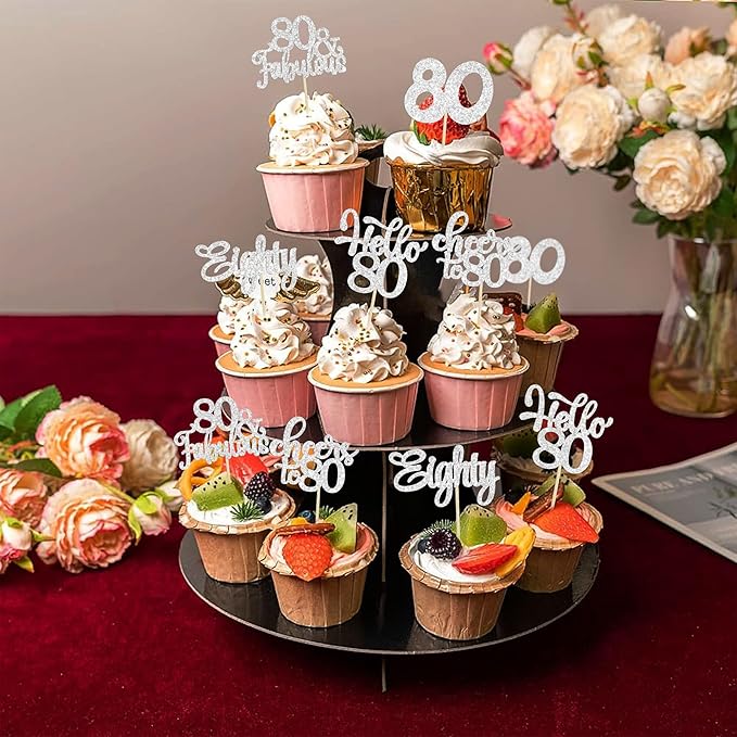 30Pcs Happy 80th Birthday Cupcake Toppers Eighty Cheers to 80 Years Old Birthday Cupcake Picks for Happy 80th Birthday Anniversary Party Cake Decorations Silver Glitter