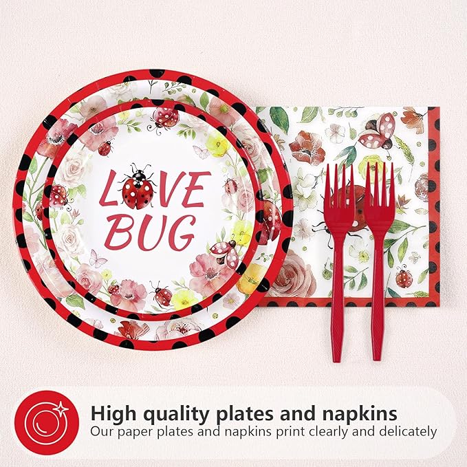 96Pcs Ladybug Birthday Party Supplies Cute Ladybird Birthday Plates and Napkins Cute Red Black Ladybug Theme Tableware Set for Kids Insect Theme Baby Shower Party Decorations Serves 24