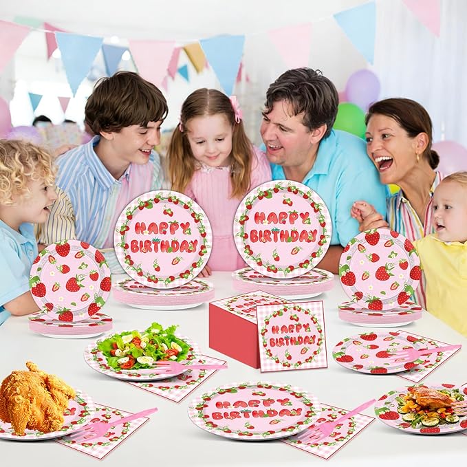 96 PCS Strawberry Theme Birthday Shortcake Party Paper Plates and Napkins Disposable Strawberry Party Plates Dinnerware Berry Sweet Tableware Decor for Baby Shower Birthday Gatherings Decorations