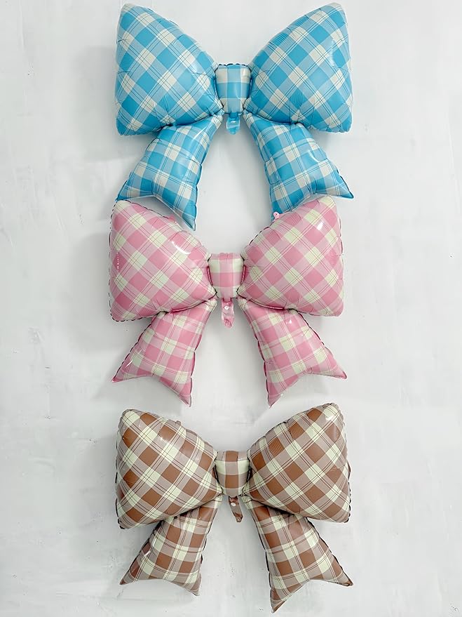 4Pcs Brown Plaid Bow Balloons 38"/Rustic Gingham Bowknot Foil Balloons for Coffee Baby Shower Decorations, Vintage Birthday,Maillard Style Birthday,Fall Party, Cozy Country Party Decorations