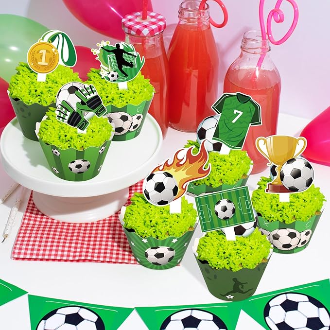48 Pack Soccer Cupcake Toppers and Wrappers, Soccer Ball Party Cake Decoration for Sport Theme Birthday Party Baby Shower Supplies