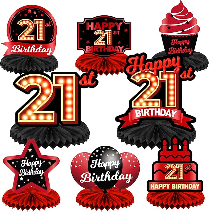 Happy 21st Birthday Red and Black Table Honeycomb Centerpieces Balloons Theme Decor Table Decorations Table Toppers for Girls Women Princess 21 Years Old Birthday Party Bday Supplies Background Gold