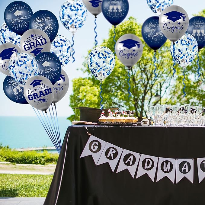 Whaline 60Pcs Graduation Party Balloon Set 7 Designs Confetti Latex Balloon with 2 Rolls Ribbon Grad Cap Congrats Grad Balloon for Graduation Party Decor Supplies (Navy Blue, Silver)