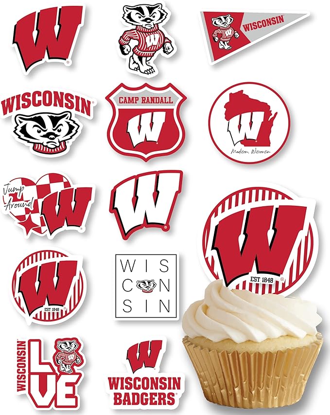 Wisconsin Cupcake Topper Party Supplies for UW Football, Birthday, Graduation Party Decorations (24 Pieces) (Wisconsin Badgers)